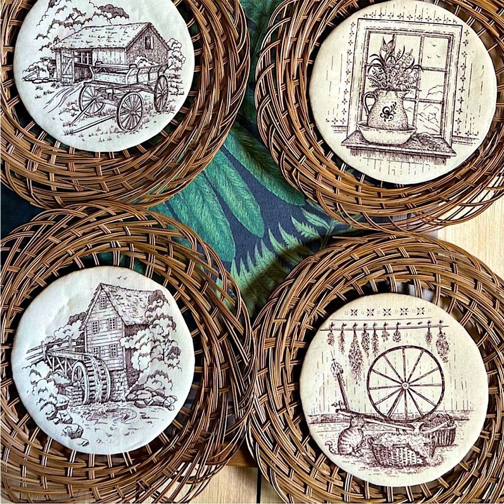Vintage 1970s Fabric Wall Plaques With Wicker Framing Set 6 Farmhouse Country - Picture 1 of 9